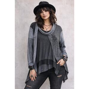 Angels Never Die Tunic Top Womens XXL Gray Asymmetrical Cowl Neck Boho Artsy